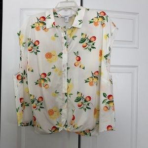 Fruit print tie front button down top